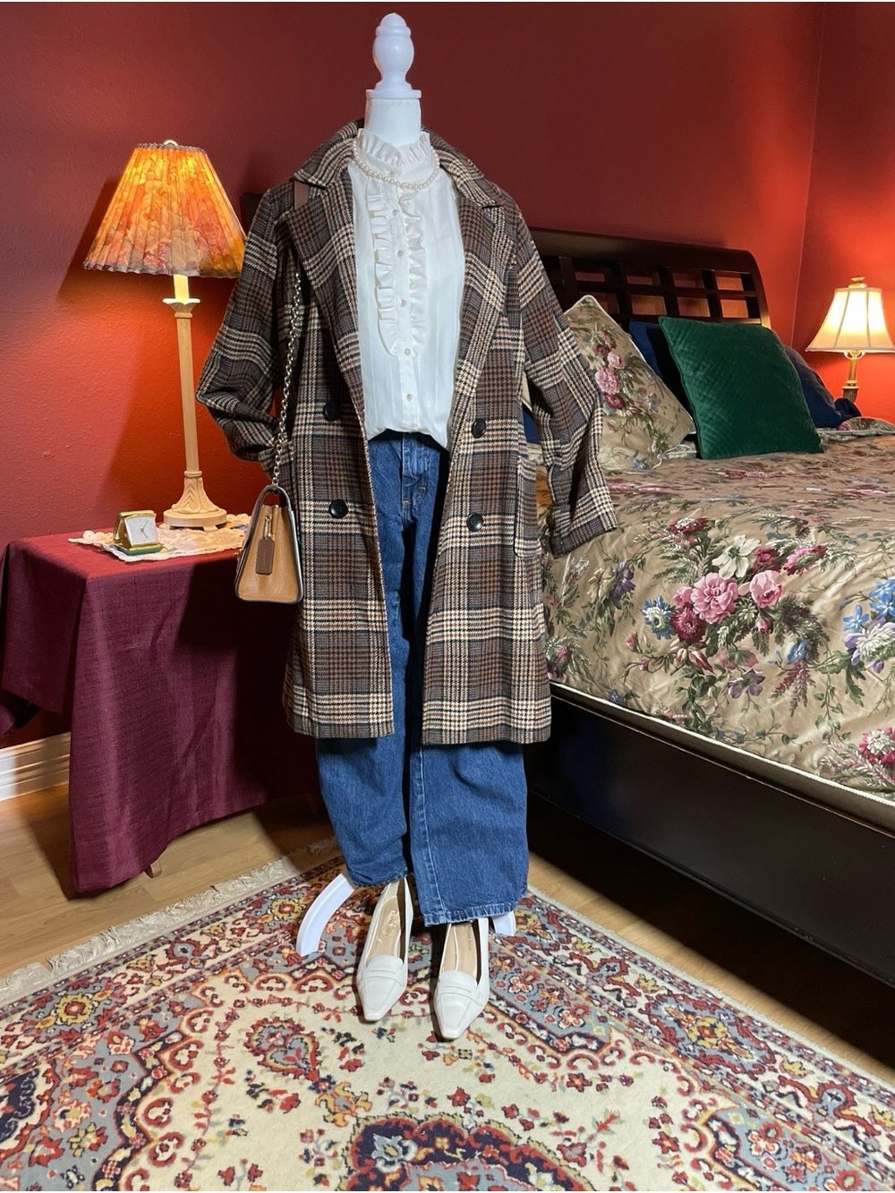CHOUYATOU Brown Plaid Double Breasted Wool Blend Trench Coat Size L